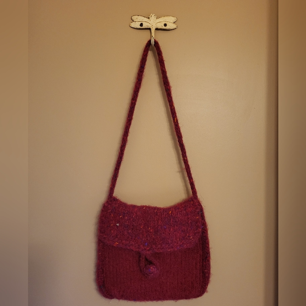Pat Rowan Gemini Dream. Handmade felted knit wool shoulder bag. Red